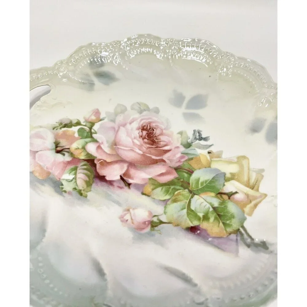 Vintage Leuchtenburg Germany PINK ROSES Cake Plate 9.25” Chic Cottagecore Handle